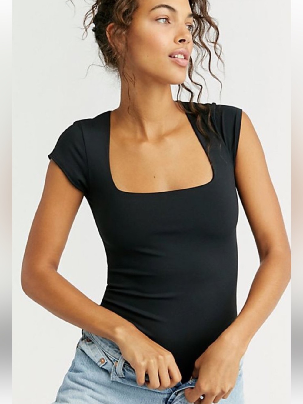 Free People Intimately Black Square-Neck Cap-Sleeve Bodysuit. Size XS.